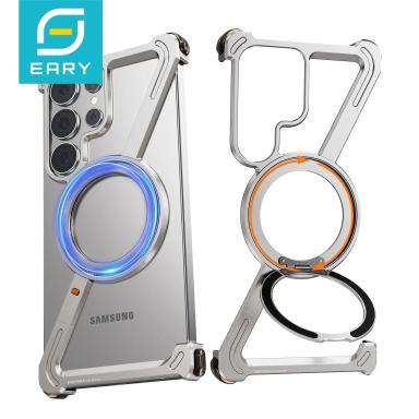 Eary Magnetic Frameless Phone Case For Samsung Galaxy S25 S24 Ultra With 360°Rotatable Stand Metal Protective Shockproof Bumper