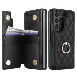 Fold7 Diamond Grid Pu Leather Phone Case for Samsung Galaxy Z Fold 7 6 5 4 3 Ring+bracket+Double Buckle Card Holder Wallet Cover