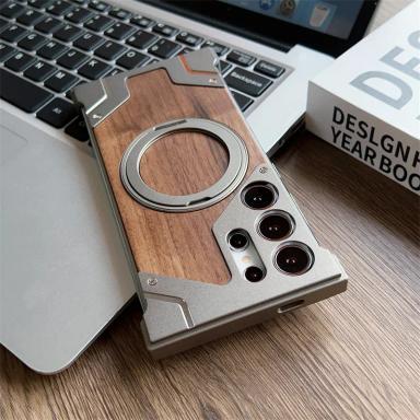 For Samsung Galaxy S25 S24 S23 S22 Ultra Aluminum Alloy Frameless Wooden Magsafe Phone Case 360°Magnetic Holder Shockproof Cover