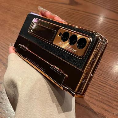 With Screen Protector Luxury Leather Case for Samsung Galaxy Z Fold 6 5 Fold4 Fold3 5G One-Piece Plating Stand Cover Gold