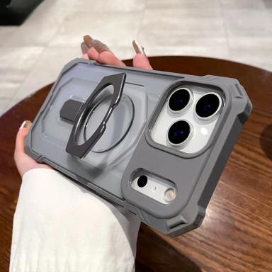 Military Armor Design PC+TPU Magnetic Charging Bracket Case For IPhone 16 17 Pro Max Air Four-coner Buffer Shockproof Back Cover