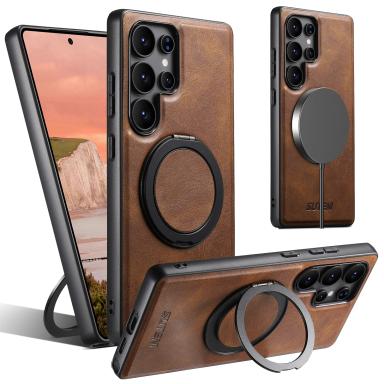 SUTENI Magnet Wireless Charging Phone Case Oil Wax Faux Leather 360° Rotating Stand Buckle For Samsung Galaxy S25Ultra S24 S23