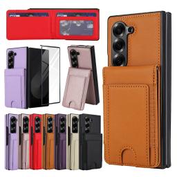 Screen Film + Leather Case For Samsung Galaxy Z Fold7 Fold6 Fold5 Fold4 Fold3 Wallet Case Glass Screen Protector Cards Holder