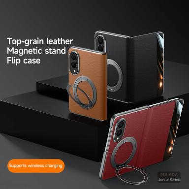 Original Luxury Genuine Leather Magnetic Case For Samsung Galaxy Z Fol8 Fold 8 Metal Ring Holder Bracket Window View Flip Cover