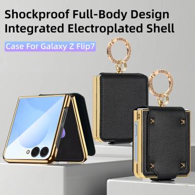 VIETAO Z Flip 7 Case With Finger Ring, Plating PU Leather Phone Case For Galaxy Z Flip7 Flip6 Flip5 Flip4 Flip3 With Screen Film