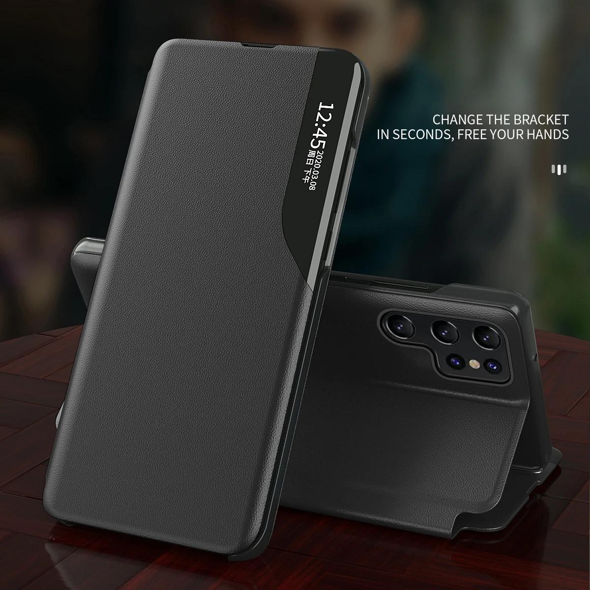 Luxury Smart Window View Flip Case For Samsung Galaxy S25 S24 Ultra S23 Plus S22 FE S21 S20 Magnetic Business Leather Shell