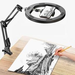 Brolaviya No Shadow Overhead Video Mobile Stand With 10Inch Selfie Ring Light, Metal Arm,1/4" Adaptor For Camera, Gopro And Mobile Bracket For Desktop, Bedroom, Office