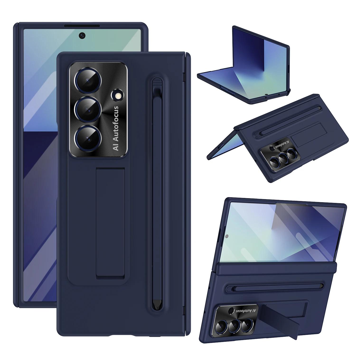 Matte Hard PC Hinge Phone Case For Samsung Galaxy Z Fold 7 6 Stylus S Pen Holder Bracket Fold6 Fold7 Glass Film Protector Cover