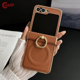 Luxury Leather Ring Bracket Magnetic Case for Galaxy Z Flip7 Flip 7 6 5 4 3 Stand Hinge Protection Cover For Samsung Zflip7FE