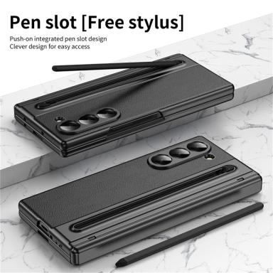 For Samsung Galaxy Z Fold 7 6 5 4 3 Leather Hinge Phone Case Outer Screen Glass S Pen Slot Protective Cover for Galaxy Z Fold 7