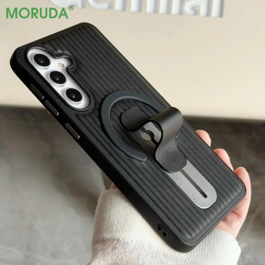 Adjustable Ring Holder Leather Magnetic Case For Samsung Galaxy S26 S25 S24 Ultra Plus S26+  Creativity Corrugated Stripe Cover
