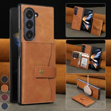 Retro Leather Many Function Phone Case For Samsung Galaxy Z Fold 7 6 5 4 3 Wireless Charge Separable Type Wallet Card Bag Cover