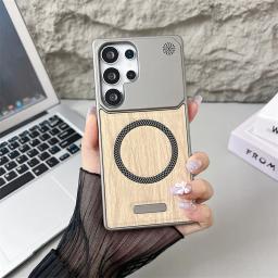 Frameless Wood Grain Leather PC Magnetic Case for Magsafe Samsung Galaxy S25 S24 S23 Ultra S25Ultra Mag Safe Phone Cover