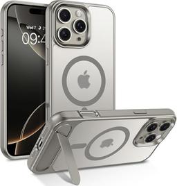 Elzzi Magnetic Cover Compatible for iPhone 16 Pro Max Case with Adjustable Metal Kickstand, Compatible with Mag-Safe Translucent Matte Shockproof Protective Phone Case, Natural Titanium