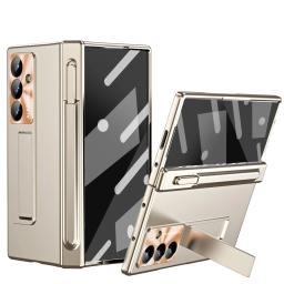 Luxury Phone Case with Pen For Samsung Galaxy Z Fold 4 5 6 7 Electroplated Glass Film Hinge Protection Cover