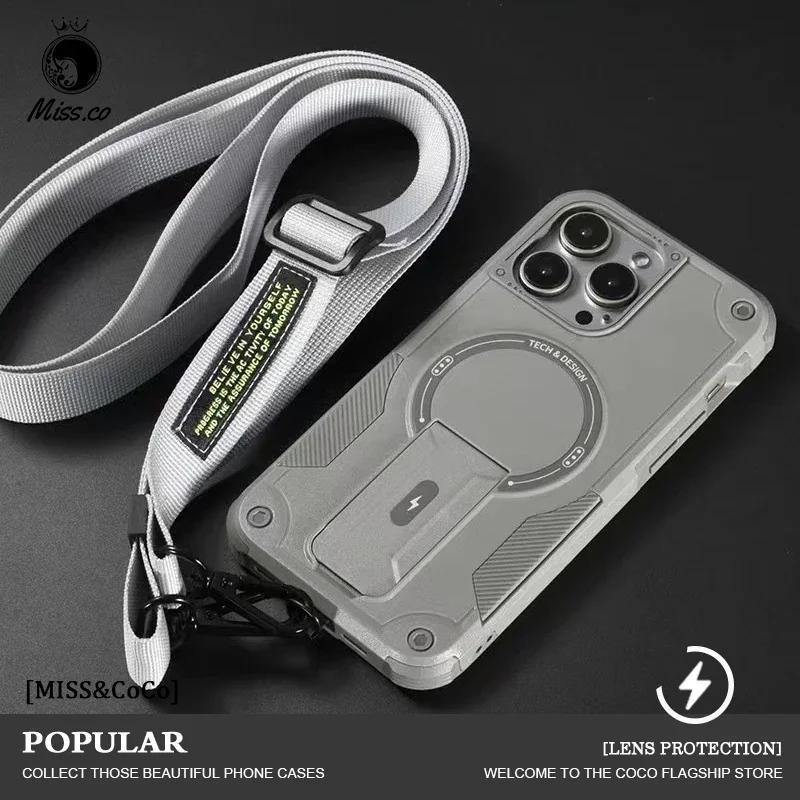 For Magsafe Magnetic Stand Invisible Support Lanyard Phone Case for iPhone 16/15/14/13/12 pro Max/11 Hard Anti-Fall Back Cover