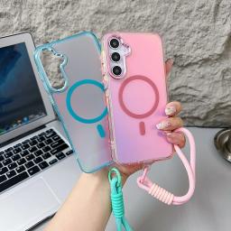 New Laser Gradient Lanyard Shockproof Magnetic Case For Samsung Galaxy A16 A06 A55 A54 A53 A35 A25 A15 A05 A05S Magsafe Cover