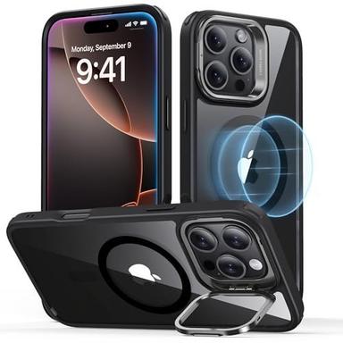 for iPhone 16 Pro Max Case, Compatible with MagSafe, Military-Grade Protective Case, TPU, Built-in Stash Stand Phone Case, Scratch-Resistant Back Cover, Classic Series, Clear Black
