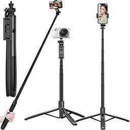 Long Selfie Stick With Tripod Stand Aluminum 61 Inch Multifunctional Bluetooth Tripod For Mobile Phone Vlogging Live Stream 1/4" Screw For Mirrorless/Action Camera Ring Light Gopro, Black