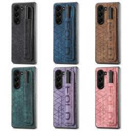 Fashion Hard PC Phone Case Wrist Strap PU Leather Cover For Samsung Galaxy Z Fold 6 5 4 3 with S Pen Holder &amp; Finger Grip/no Pen