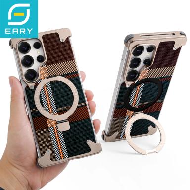 Eary Phone Case for Samsung Galaxy S25 Ultra with Stand Magsafe Carbon Fiber Textured Cover Metal Frameless Shockproof Protector