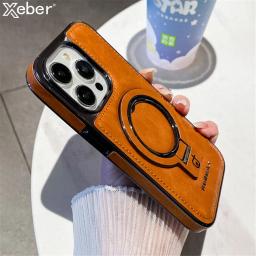 Luxury Lambskin Leather Folding Holder Magnetic for Magsafe Case for iPhone 17 Air 13 12 14 15 16 Pro Max Soft Shockproof Cover