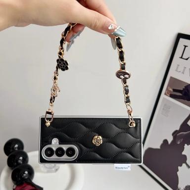 Wave Camellia Leather Case For Samsung Galaxy Z Fold8 Fold 8 7 Ultra Hand Strap Women's Fashionable Phone Cover Cute Cases Capa