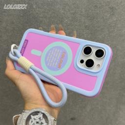 Luxury With Lanyard For Magsafe Matte Silicone Phone Case For iPhone 14 15 16 Pro Max Magnetic Wireless Charge Bumper Back Cover