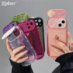 Invisible Fold Mirror Stand Holder Transparent Phone Case For iPhone 15 Pro Max 14 13 11 12 Pro XS Candy Color Protection Cover