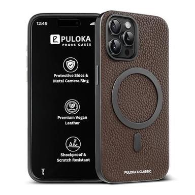 PULOKA Magfit Mobile Back Cover - Compatible with iPhone 15 PRO - Mag-Safe Design - Textured Vegan Leather - Electroplated Sides Bumper Case - Camera Protetection & Raised Edges - Dark Grey