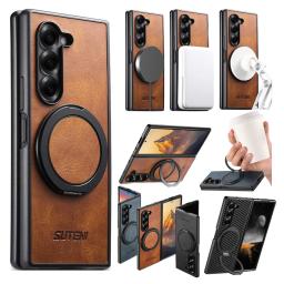 Ring Bracket Leather Wallet Case For Samsung Galaxy Z Fold 7 6 5 Magnetic Kickstand Wrieless Charging Protective Phone Cover