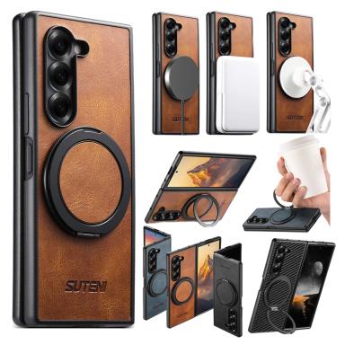Ring Bracket Leather Wallet Case For Samsung Galaxy Z Fold 7 6 5 Magnetic Kickstand Wrieless Charging Protective Phone Cover