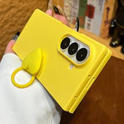 New Korean Lemon Yellow Solid Color Phone Case With Love Heart Ring for Samsung Galaxy Z Fold7 Z Fold6 Z Fold 5 4 3 Back Cover