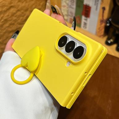 New Korean Lemon Yellow Solid Color Phone Case With Love Heart Ring for Samsung Galaxy Z Fold7 Z Fold6 Z Fold 5 4 3 Back Cover