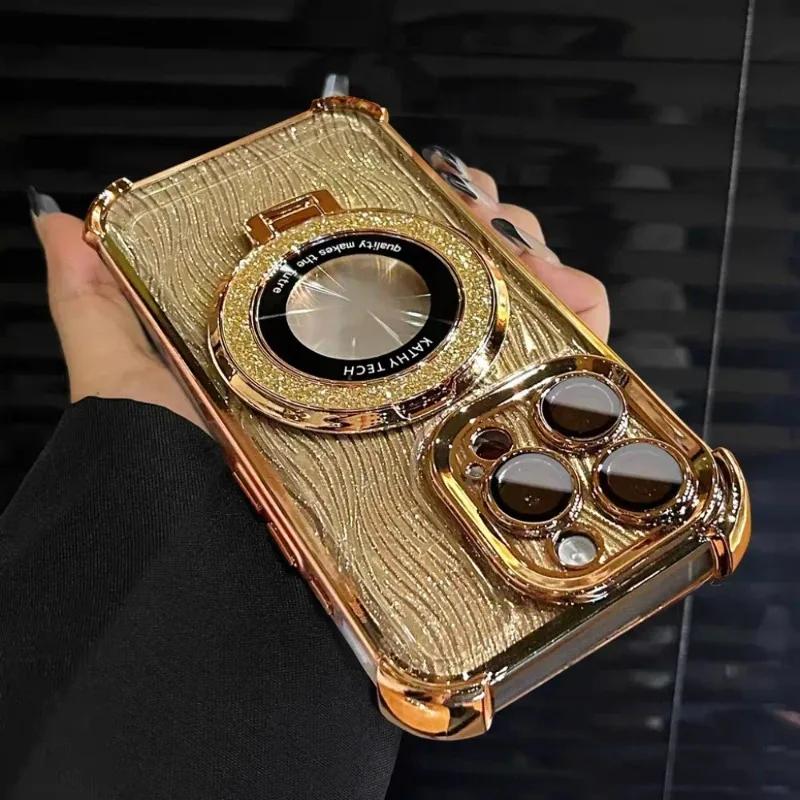 Glitter Water Ripple Logo Hole Magnetic Stand Case for iPhone 16 15 14 13 12 11 Pro Max Plus X Xr Xs Max Airbag Shockproof Cover