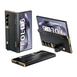 For Samsung Galaxy Z Fold 7 6 5 4 3 5G With Screen Protect Film Hinge Plating Frame Leather Phone Case With Wrist Strap Bracket