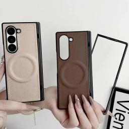 PU Leather Magnetic Case for Samsung Z Fold 7 6 5 4 3 ZFold7 Fold6 Fold5 Fold4 5G For Magsafe Phone Cover with Hinge Protection