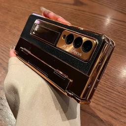 With Screen Protector Luxury Leather Case for Samsung Galaxy Z Fold 6 5 4 3 5G One-Piece Plating Stand Shockproof Cover Gold