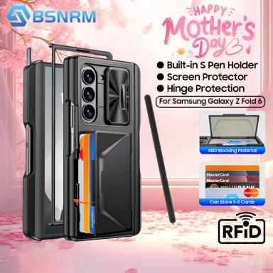 Mother's Day Gift,For Galaxy Z Fold 6 Shockproof Phone Case,Back Card Pack,Integrated Pen Slot,Full Coverage 9H Protective Film