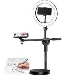 Brolaviya Overhead Video Floor Stand With 10-Inch Ring Light, Metal Arm,1/4" Ball Head For Camera,Webcam,Gopro, With Mobile Bracket For Youtube, Desktop, Bedroom, Office.