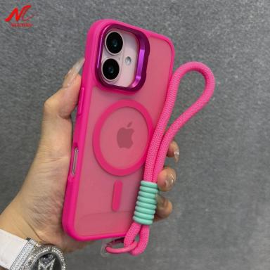 Luxury Translucent Metal Camera Bracket Case for iPhone 13 12 11 14 15 16 Pro Max 16 Plus 13 Mini Magsafe Magentic Lanyard Cover