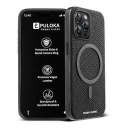 PULOKA Magfit Mobile Back Cover - Compatible with iPhone 15 Pro - Mag-Safe Design - Textured Vegan Leather - Electroplated Sides Bumper Case - Camera Protetection & Raised Edges - Black