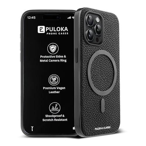 PULOKA Magfit Mobile Back Cover - Compatible with iPhone 15 Pro - Mag-Safe Design - Textured Vegan Leather - Electroplated Sides Bumper Case - Camera Protetection & Raised Edges - Black