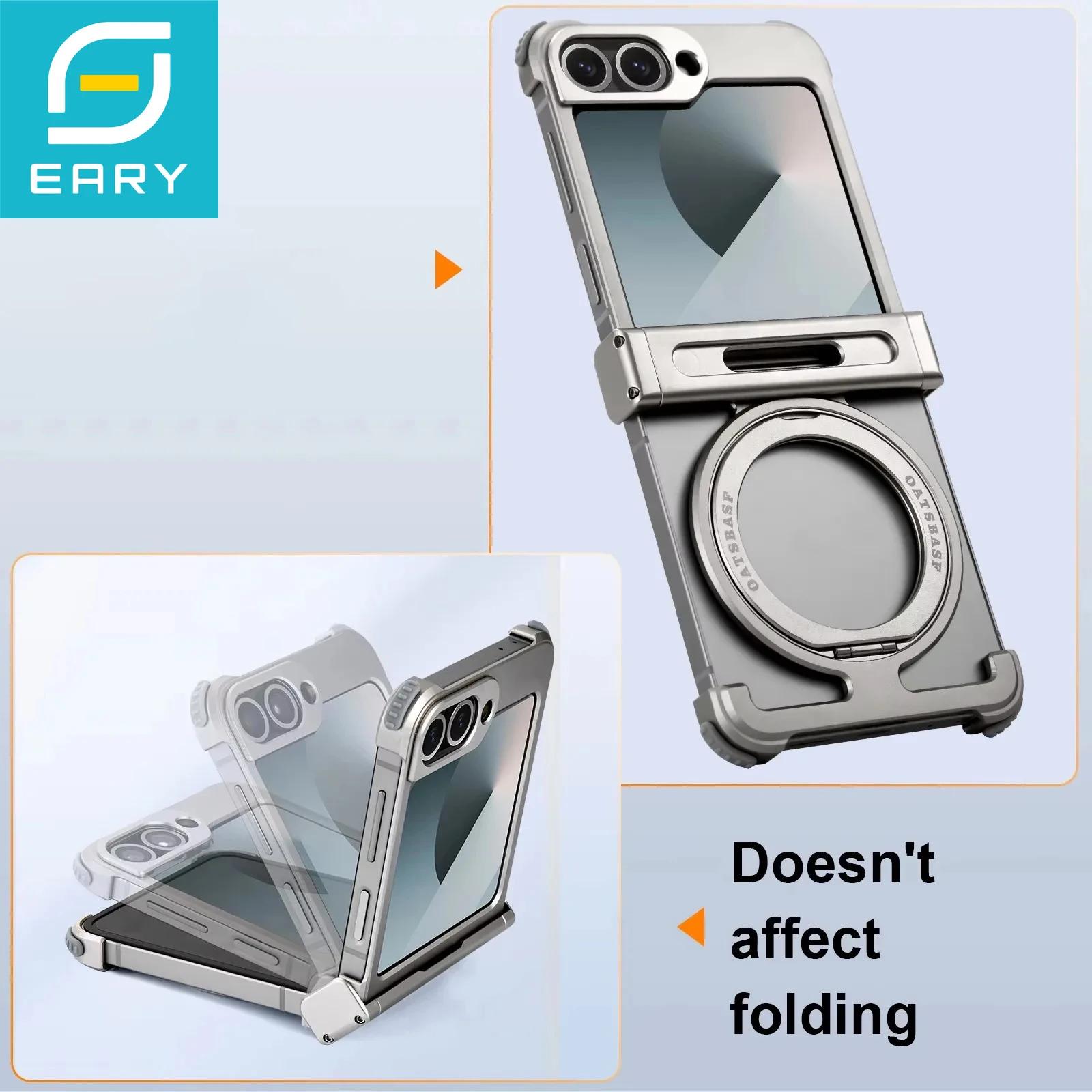 Eary Frameless Case for Samsung Galaxy Z Flip 7 with 360ยฐRotatable Magnetic Stand Metal Phone Case Shockproof Protective Cover