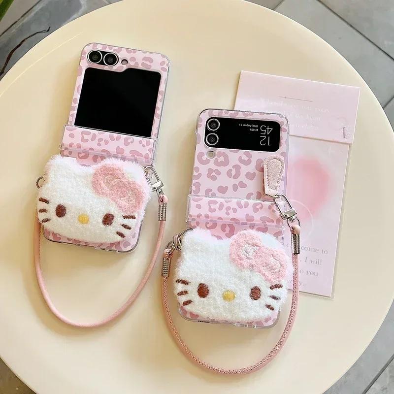 Phone Case For Samsung Galaxy Z Flip 6 5 4 3 Cover 3D Cute Cartoon Sanrio Hello Kitty Leopard Print Furry Plush With Lanyard