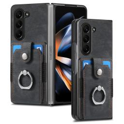 Retro Leather Ring Wallet Case with Card Holder Phone Case for Samsung Galaxy Z Fold 7 6 5 4 3 Fold7 Fold6 Protective Cover