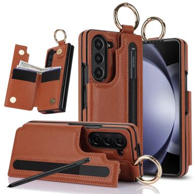 PU Leather Ring Phone Case for Samsung Galaxy Z Fold 7 6 5 4 3 Fold7 Fold6 Fold5 5G Wallet with Pen Holder & Card Slot (No Pen)