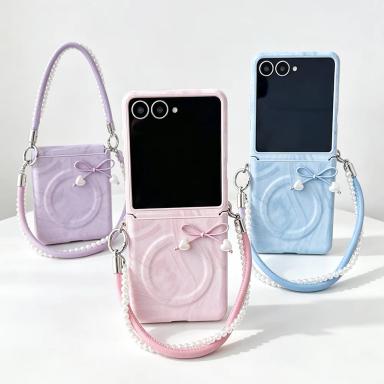 Bowknot Side Clip Bracelet Magnetic Ring Case For Samsung Z Flip 8 Galaxy Z Flip 7 FE 6 5 Water Ripple Leather Protective Cover