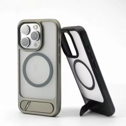 Luxury Metal Stand Clear Magnetic Phone Case For iPhone 16E 11 12 13 14 15 16 Pro Max Plus Bracket Shockproof Protector Cover