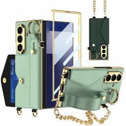 Gold Wristband Bracelet Electroplated Plain Leather Card Slot Glass Protect Case for Samsung Galaxy Z Fold7 Fold 7 6 Cover